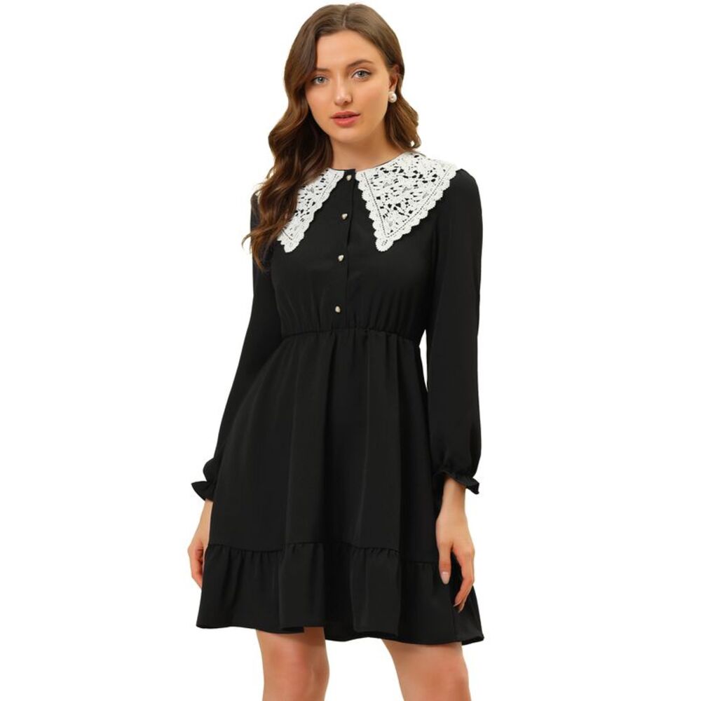 Vintage Ruffle Hem Dresses A-Line Crochet Peter Pan Collar Dress Black